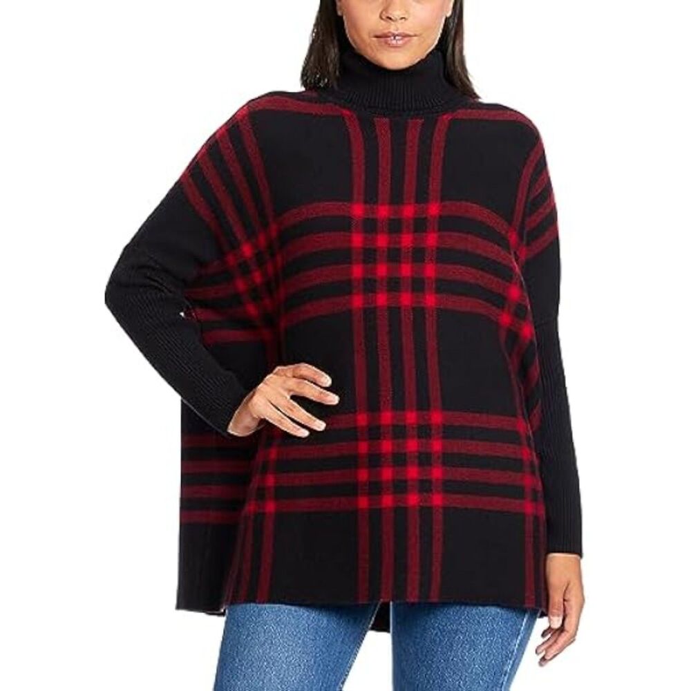 Tint & Shadow Black Red Plaid Poncho Style Turtleneck Sweater Size M P